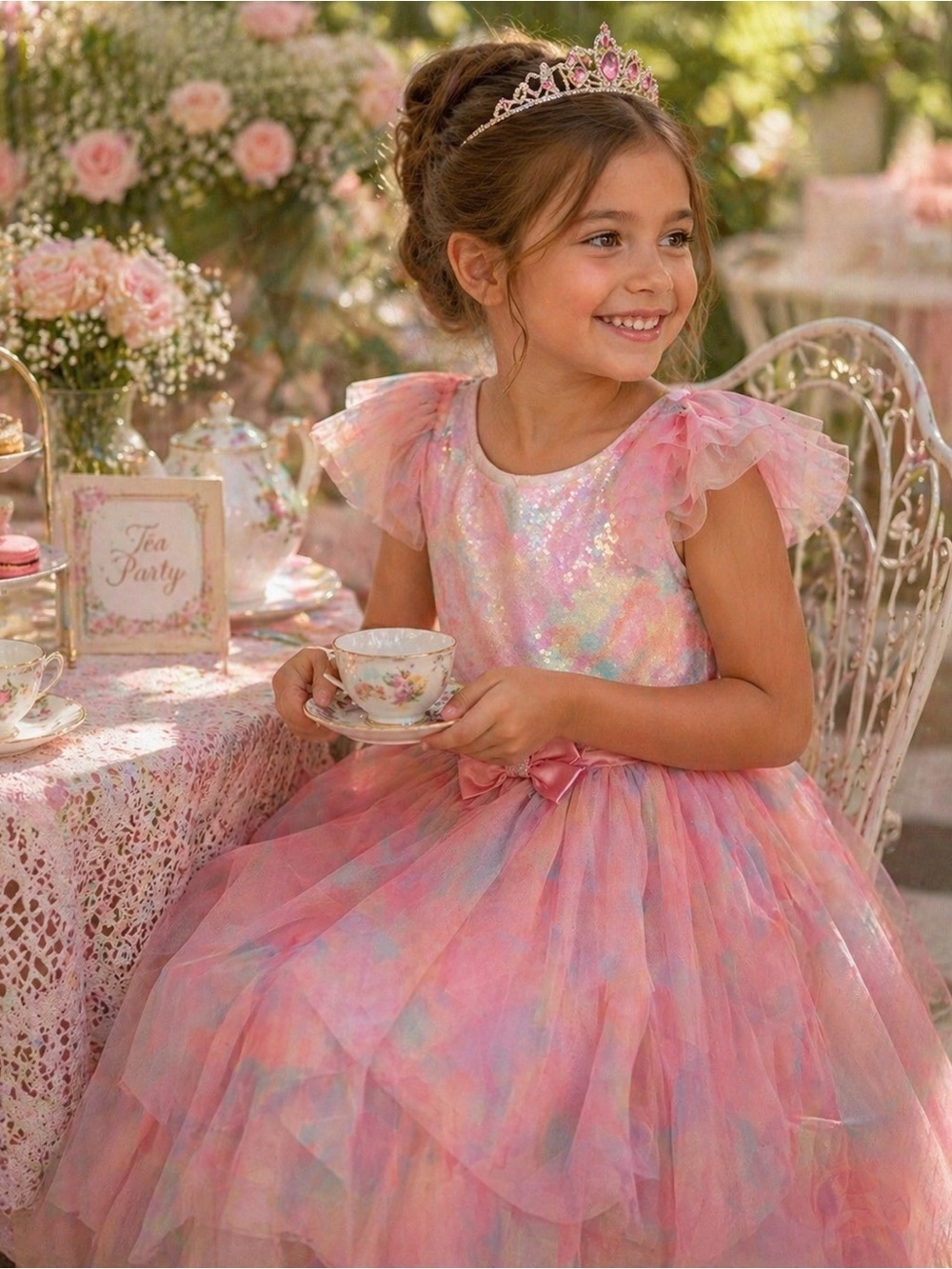 Jona Michelle Pastel Pink and Multicolor Iridescent Tulle Dress Princess Size 6